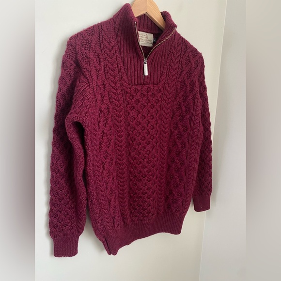 ‎‎Aran Crafts Merino‎ Wo‎ol Cable Knit Aran Sweater Troyer Claret Size Medium - Picture 3 of 11